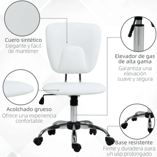 Vinsetto Cadeira de Escritório Cadeira de Escritório Giratória de Couro PU com Altura Ajustável e Função Basculante para Estúdio Dormitório Carga Máxima 120 kg 50x54x87,5-96,5 cm Branco