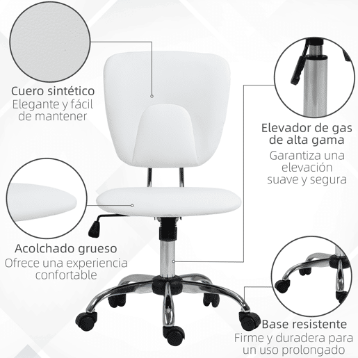 Vinsetto Cadeira de Escritório Cadeira de Escritório Giratória de Couro PU com Altura Ajustável e Função Basculante para Estúdio Dormitório Carga Máxima 120 kg 50x54x87,5-96,5 cm Branco