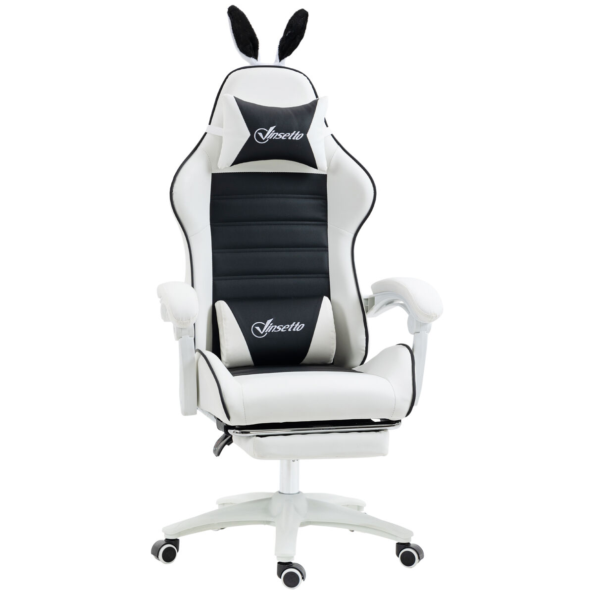 Vinsetto silla gaming ergonómica reclinable 135°, silla gamer racing de cuero pu con soporte lumbar, altura ajustable, orejas conejo, reposacabezas, reposapiés retráctil para oficina, estudio, negro