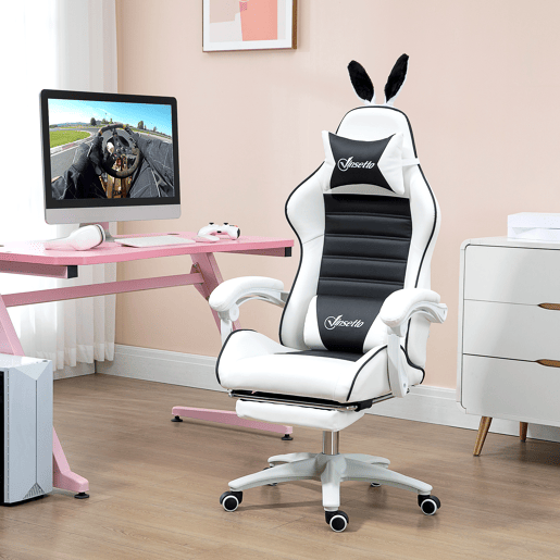 Vinsetto Cadeira Gaming Profissional Cadeira Gamer Giratória de Couro PU com Altura Ajustável Inclinável 135° Apoio para a Cabeça e Apoio para os Pés para Escritório 65x63x136-142 cm Branco e Preto