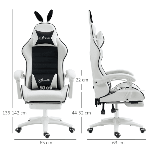 Vinsetto Cadeira Gaming Profissional Cadeira Gamer Giratória de Couro PU com Altura Ajustável Inclinável 135° Apoio para a Cabeça e Apoio para os Pés para Escritório 65x63x136-142 cm Branco e Preto