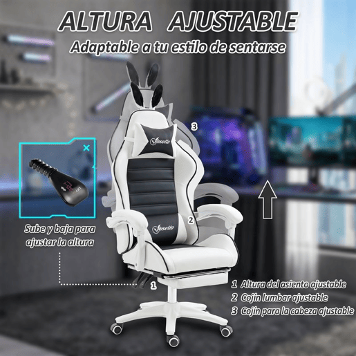 Vinsetto Cadeira Gaming Profissional Cadeira Gamer Giratória de Couro PU com Altura Ajustável Inclinável 135° Apoio para a Cabeça e Apoio para os Pés para Escritório 65x63x136-142 cm Branco e Preto