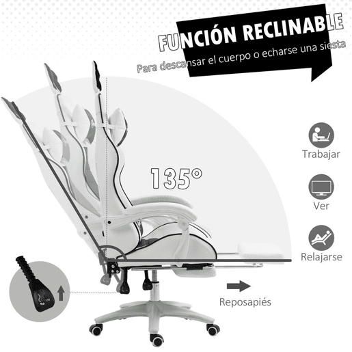 Vinsetto Cadeira Gaming Profissional Cadeira Gamer Giratória de Couro PU com Altura Ajustável Inclinável 135° Apoio para a Cabeça e Apoio para os Pés para Escritório 65x63x136-142 cm Branco e Preto