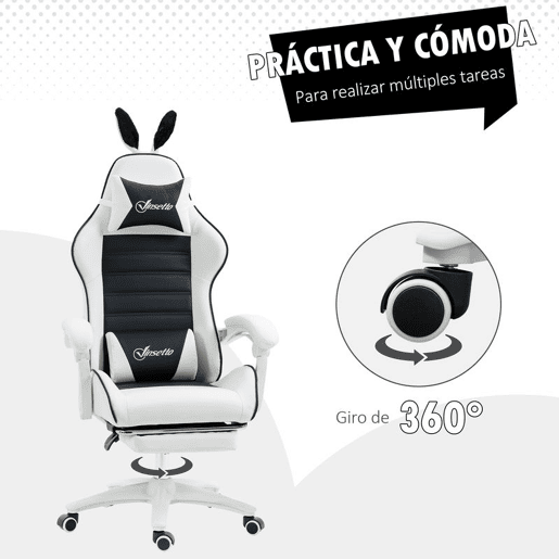 Vinsetto Cadeira Gaming Profissional Cadeira Gamer Giratória de Couro PU com Altura Ajustável Inclinável 135° Apoio para a Cabeça e Apoio para os Pés para Escritório 65x63x136-142 cm Branco e Preto
