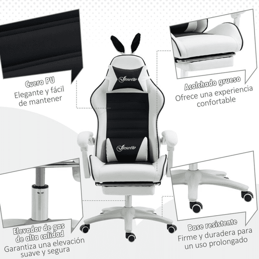 Vinsetto Cadeira Gaming Profissional Cadeira Gamer Giratória de Couro PU com Altura Ajustável Inclinável 135° Apoio para a Cabeça e Apoio para os Pés para Escritório 65x63x136-142 cm Branco e Preto