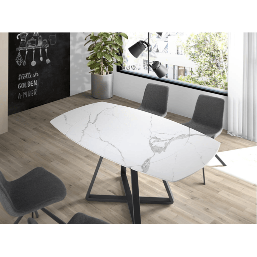 ANGEL CERDA Mesa de jantar extensível barril oval mármore porcelânico e aço preto