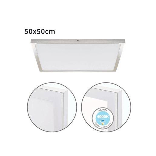 painel de led quadrado alumínio cor níquel série voltaire 50cm