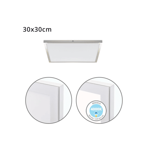 painel de led quadrado alumínio cor níquel série voltaire 30cm