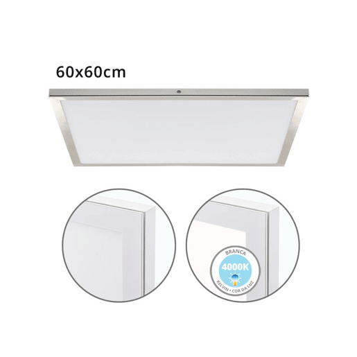 painel de led quadrado alumínio cor níquel série voltaire 60cm