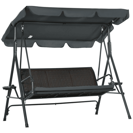 Outsunny Baloiço de Jardim de 3 Lugares Baloiço para Exterior com Toldo Ajustável Assento de Vime 2 Suporte para Capos 2 Bandejas e Estrutura de Aço para Varanda Pátio 204x112x150 cm Cinza