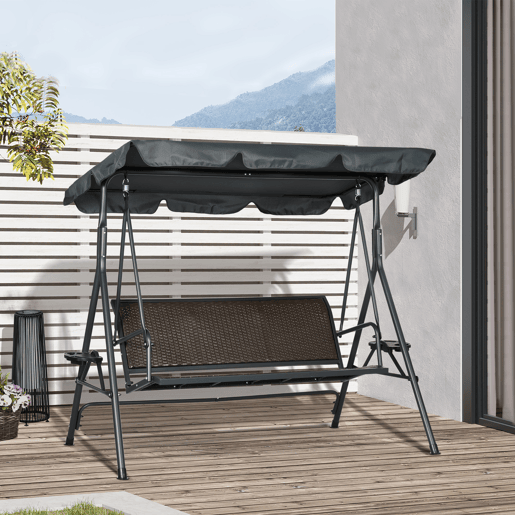 Outsunny Baloiço de Jardim de 3 Lugares Baloiço para Exterior com Toldo Ajustável Assento de Vime 2 Suporte para Capos 2 Bandejas e Estrutura de Aço para Varanda Pátio 204x112x150 cm Cinza