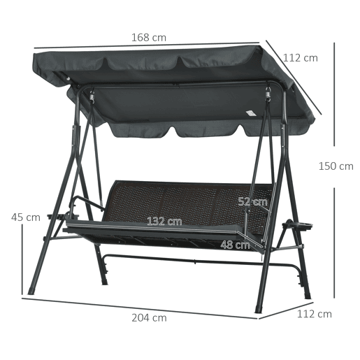 Outsunny Baloiço de Jardim de 3 Lugares Baloiço para Exterior com Toldo Ajustável Assento de Vime 2 Suporte para Capos 2 Bandejas e Estrutura de Aço para Varanda Pátio 204x112x150 cm Cinza