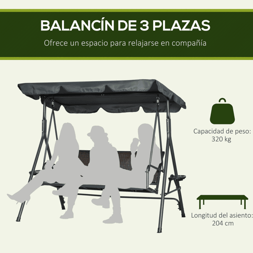 Outsunny Baloiço de Jardim de 3 Lugares Baloiço para Exterior com Toldo Ajustável Assento de Vime 2 Suporte para Capos 2 Bandejas e Estrutura de Aço para Varanda Pátio 204x112x150 cm Cinza