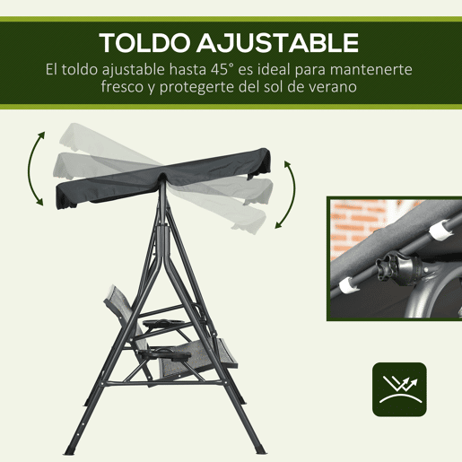 Outsunny Baloiço de Jardim de 3 Lugares Baloiço para Exterior com Toldo Ajustável Assento de Vime 2 Suporte para Capos 2 Bandejas e Estrutura de Aço para Varanda Pátio 204x112x150 cm Cinza