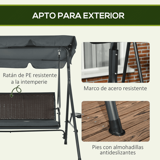 Outsunny Baloiço de Jardim de 3 Lugares Baloiço para Exterior com Toldo Ajustável Assento de Vime 2 Suporte para Capos 2 Bandejas e Estrutura de Aço para Varanda Pátio 204x112x150 cm Cinza