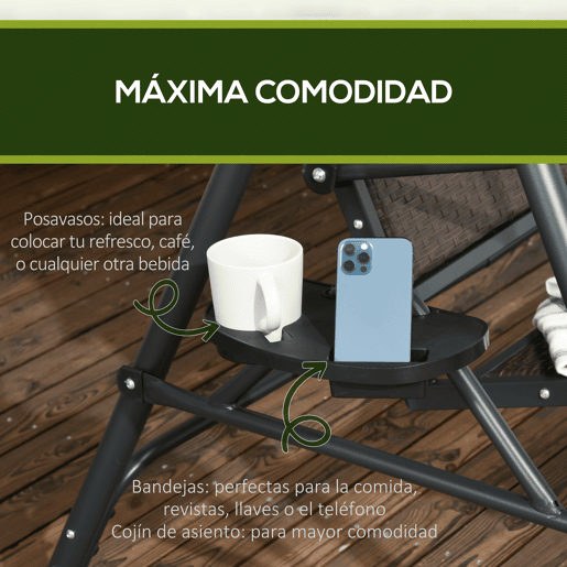 Outsunny Baloiço de Jardim de 3 Lugares Baloiço para Exterior com Toldo Ajustável Assento de Vime 2 Suporte para Capos 2 Bandejas e Estrutura de Aço para Varanda Pátio 204x112x150 cm Cinza