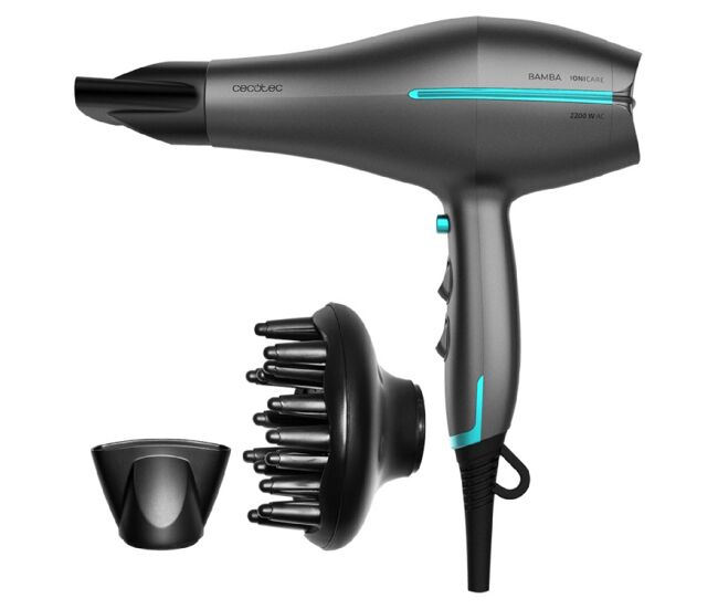 Cecotec secador de pelo iónico bamba ionicare 5300 maxi aura black. 2200 w, motor ac, función de aire frío, cable 1.8 m