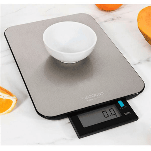 Cecotec Balança de cozinha digital de alta precisão, resistente à água. Com plataforma de aço inoxidável extra plana, ecrã LCD grande e extraível, com capacidade máxima de 10kg com precisão de 1g.