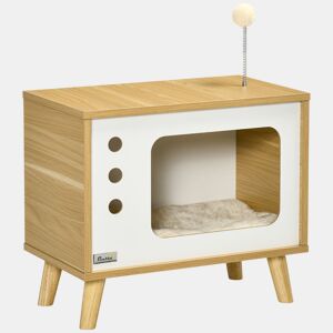 PawHut Mesa Auxiliar Cama Caverna para Gatos com Estilo Televisor Casa para Gatos com Almofada Suave Lavável Bola e Pés Elevados 50x28x43cm Carvalho
