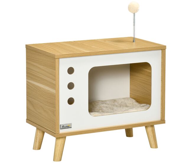 Pawhut cama cueva de gatos estilo televisor casa para gatos con cojín suave lavable bola divertida y patas elevadas 50x28x43 cm roble