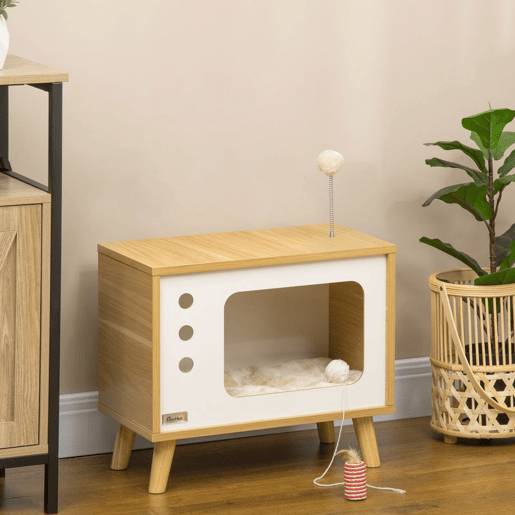 PawHut Mesa Auxiliar Cama Caverna para Gatos com Estilo Televisor Casa para Gatos com Almofada Suave Lavável Bola e Pés Elevados 50x28x43cm Carvalho