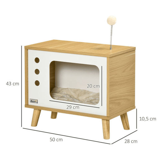 PawHut Mesa Auxiliar Cama Caverna para Gatos com Estilo Televisor Casa para Gatos com Almofada Suave Lavável Bola e Pés Elevados 50x28x43cm Carvalho