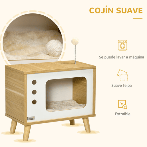 PawHut Mesa Auxiliar Cama Caverna para Gatos com Estilo Televisor Casa para Gatos com Almofada Suave Lavável Bola e Pés Elevados 50x28x43cm Carvalho