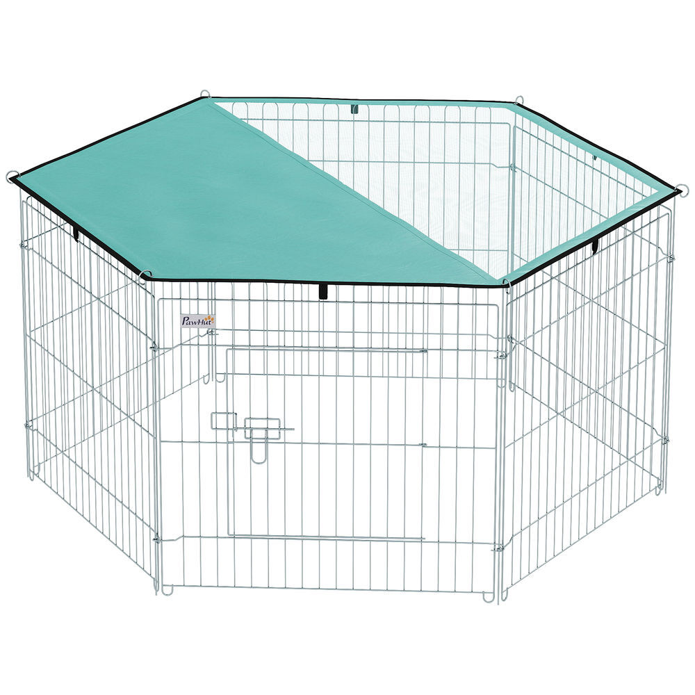 Pawhut parque de juegos para perros 6 paneles 59x60 cm plegables empalme libre valla metálica para mascotas con puerta con pestillo y toldo superior para jardín patio exterior plata