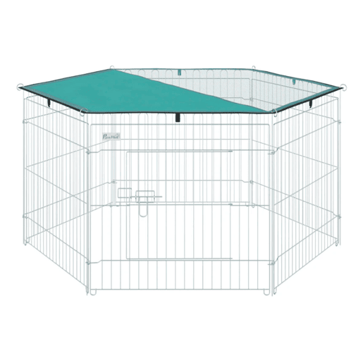 PawHut Parque para Animais de Estimação com 6 Painéis 59x60cm Dobrável Cerca para Animais de Estimação com Porta com Trava e Toldo Superior para Jardim Pátio Exterior Prata