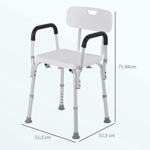 HOMCOM Cadeira para Duche Antiderrapante com Altura Ajustável em 6 Níveis Cadeira de Banho com Apoio para os Braços e Encosto 51,5x51,5x71-84 cm Branco