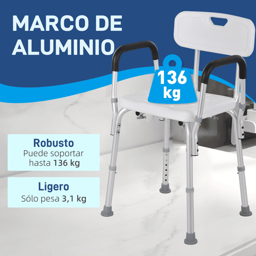 HOMCOM Cadeira para Duche Antiderrapante com Altura Ajustável em 6 Níveis Cadeira de Banho com Apoio para os Braços e Encosto 51,5x51,5x71-84 cm Branco