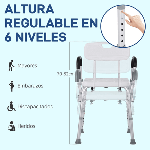 HOMCOM Cadeira para Duche Antiderrapante com Altura Ajustável em 6 Níveis Cadeira de Banho com Apoio para os Braços e Encosto 51,5x51,5x71-84 cm Branco