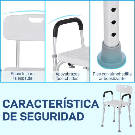 HOMCOM Cadeira para Duche Antiderrapante com Altura Ajustável em 6 Níveis Cadeira de Banho com Apoio para os Braços e Encosto 51,5x51,5x71-84 cm Branco