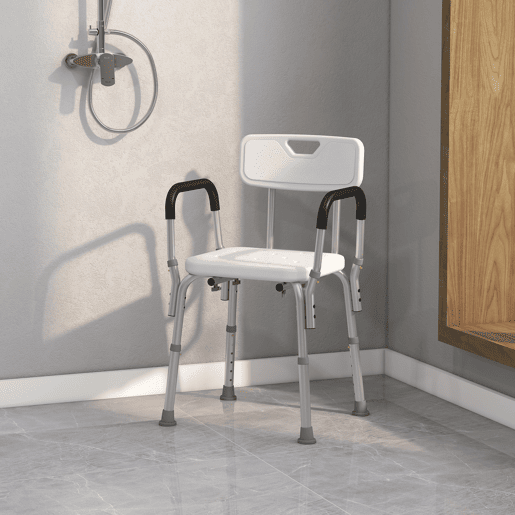HOMCOM Cadeira para Duche Antiderrapante com Altura Ajustável em 6 Níveis Cadeira de Banho com Apoio para os Braços e Encosto 51,5x51,5x71-84 cm Branco
