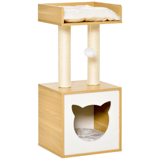 PawHut Árvore para Gatos de 2 Níveis com Caverna Superior Postes Arranhadores de Sisal Natural Almofadas Laváveis e Bola de Brinquedo 35x35x81cm Carvalho