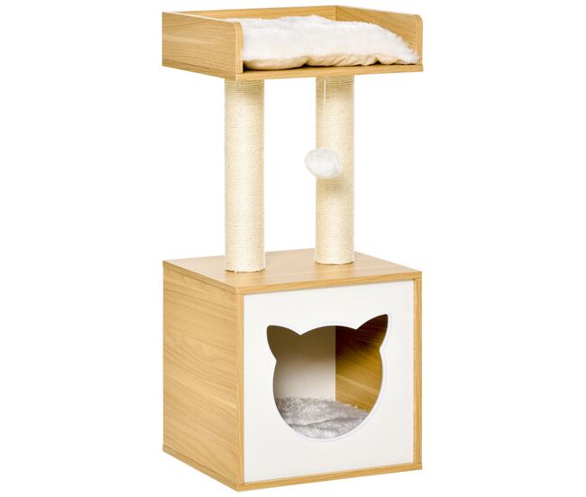 Pawhut árbol para gatos de 2 niveles con cueva cama superior postes rascadores de sisal natural cojines lavables y bola de juguete 35x35x81 cm roble y blanco