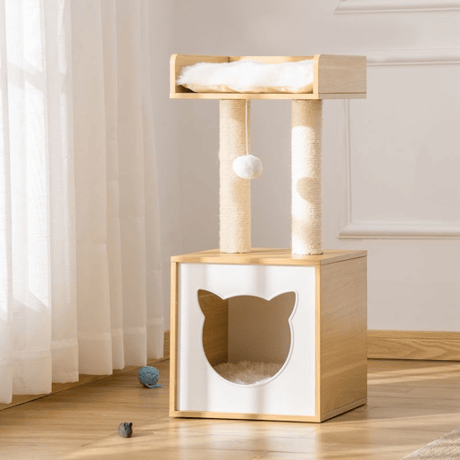 PawHut Árvore para Gatos de 2 Níveis com Caverna Superior Postes Arranhadores de Sisal Natural Almofadas Laváveis e Bola de Brinquedo 35x35x81cm Carvalho