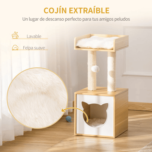 PawHut Árvore para Gatos de 2 Níveis com Caverna Superior Postes Arranhadores de Sisal Natural Almofadas Laváveis e Bola de Brinquedo 35x35x81cm Carvalho