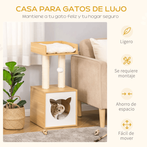 PawHut Árvore para Gatos de 2 Níveis com Caverna Superior Postes Arranhadores de Sisal Natural Almofadas Laváveis e Bola de Brinquedo 35x35x81cm Carvalho