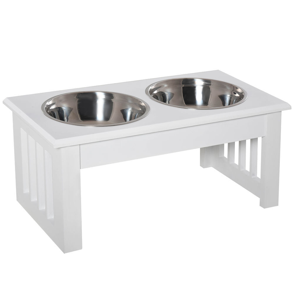 Pawhut comedero elevado para perros con soporte y 2 cuencos extraíbles de acero inoxidable alimentador para mascotas alimento y agua 44x24x15 cm blanco