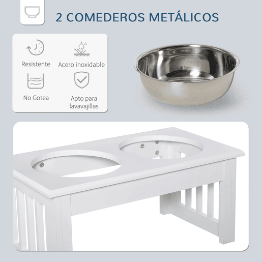 PawHut Comedouro Elevado para Cães com Suporte e 2 Tigelas Amovíveis de Aço Inoxidável Alimentador para Animais de Estimação 44x24x15 cm Branco