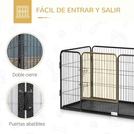 PawHut Barreira de Segurança para Animais de Estimação Parque de Diversão para Animais com 4 Painéis de Aço 109x74x71cm com Porta de Trava Dupla e Bandeja Removível para Exterior Interior Cinza