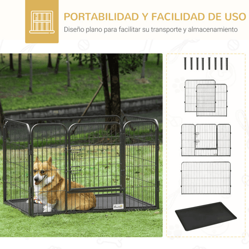 PawHut Barreira de Segurança para Animais de Estimação Parque de Diversão para Animais com 4 Painéis de Aço 109x74x71cm com Porta de Trava Dupla e Bandeja Removível para Exterior Interior Cinza