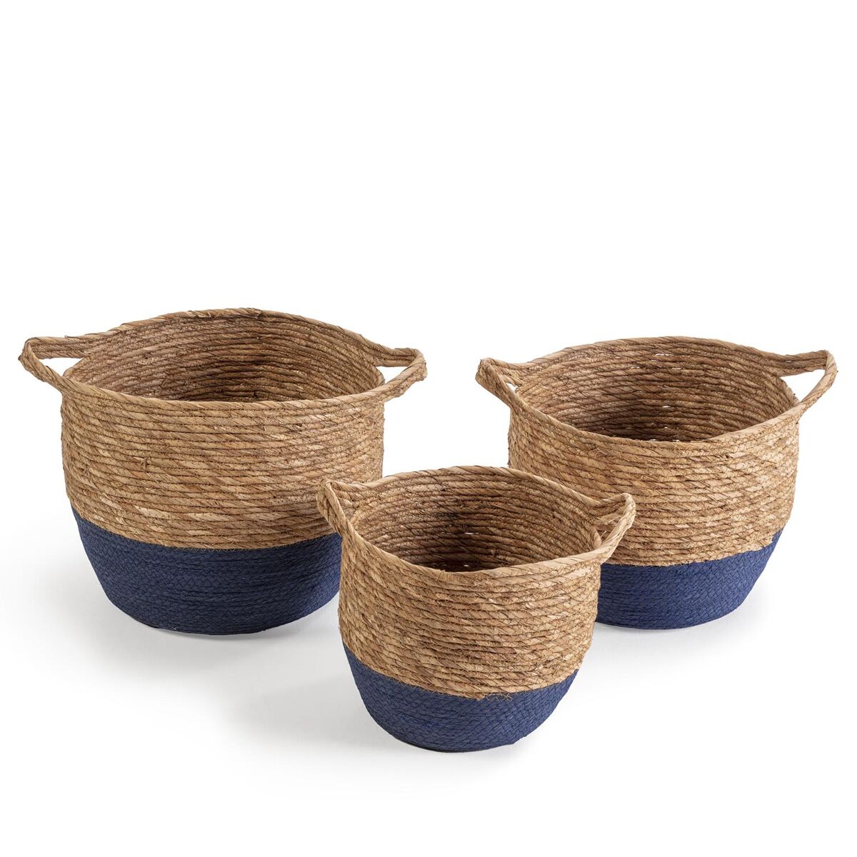Set de 3 cestas anxo de fibra natural con asas, azul/natural