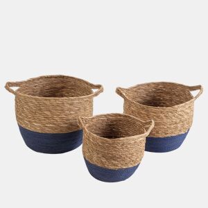 Conjunto de 3 cestos Anxo em fibra natural com pegas, azulnatural