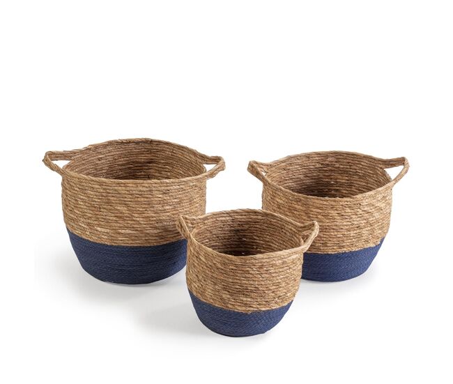 Set de 3 cestas anxo de fibra natural con asas, azul/natural