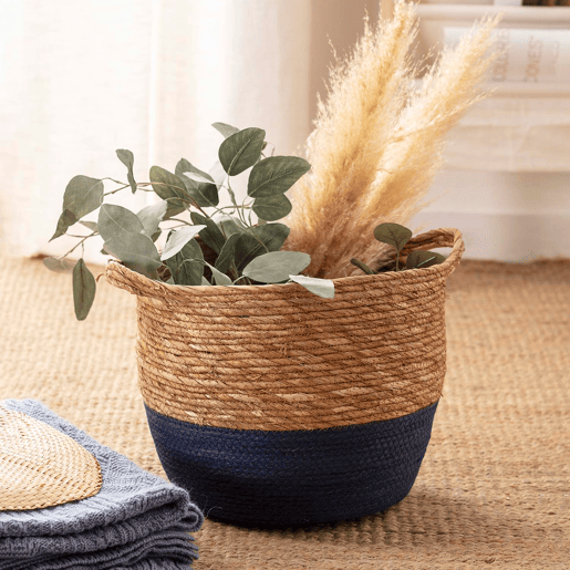 Conjunto de 3 cestos Anxo em fibra natural com pegas, azulnatural