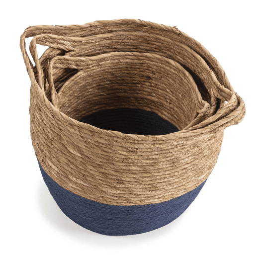 Conjunto de 3 cestos Anxo em fibra natural com pegas, azulnatural