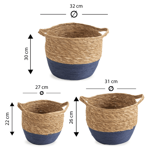 Conjunto de 3 cestos Anxo em fibra natural com pegas, azulnatural