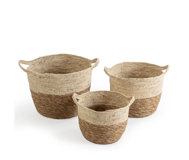Set de 3 cestas brais de fibra natural con asas, blanco/natural